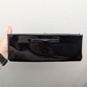 Vintage Clutch Bag‎ Black Patent Leather Bow Detail Evening Handbag Rockabilly